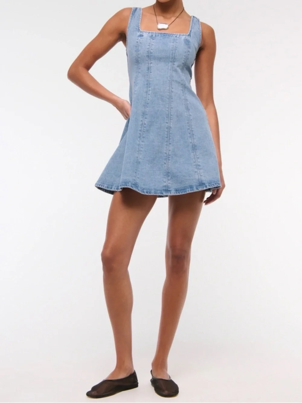 Abercrombie & Fitch Mila Denim Square-Neck Mini Dress - Blue, M Tall - Picture 7 of 9